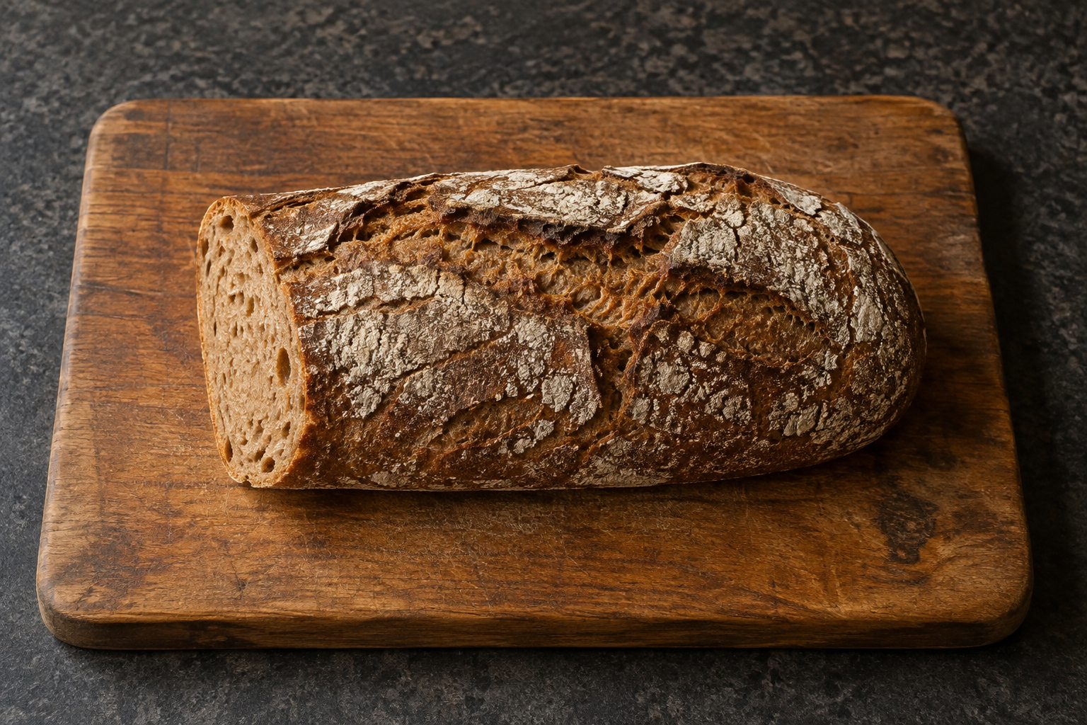 Rustic sourdough bread on a wooden cutting board